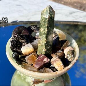 Onyx Bowl Rainforest Jasper Point Rhodonite & Dragon Blood Jasper Petrified Wood